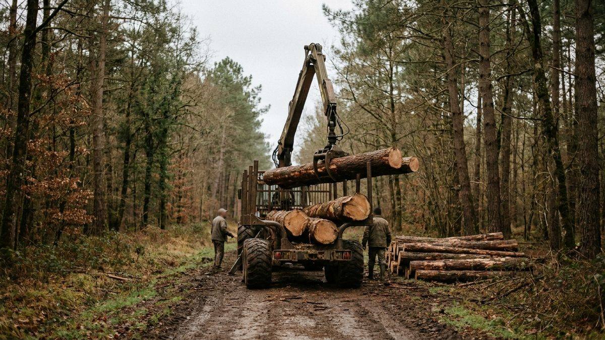 Chargement de grumes sur une remorque forestière