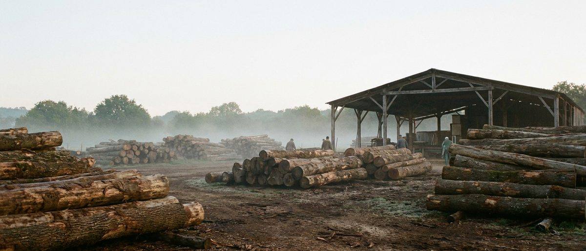 Parc à grumes d'une scierie dans la brume du matin